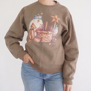 Vintage Jerzees Brown Teddy Bear Basket Vase Cotton Blend Crewneck Sweater S